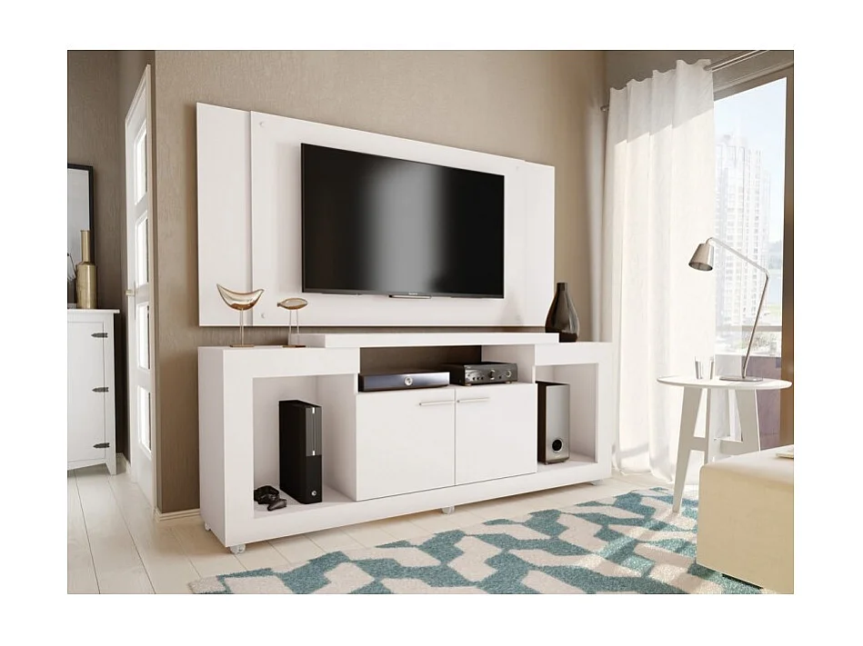 Meuble TV 55 Pouces Blanc 5 Niches Roulettes L 173 H 160.5 P 38.5 cm