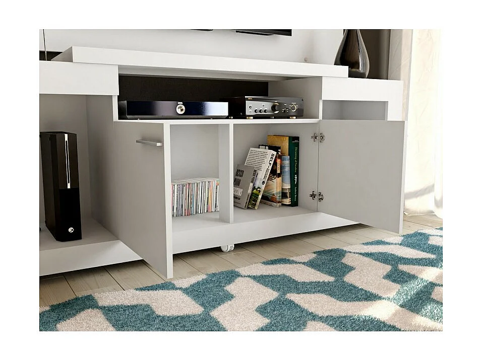 Meuble TV 55 Pouces Blanc 5 Niches Roulettes L 173 H 160.5 P 38.5 cm