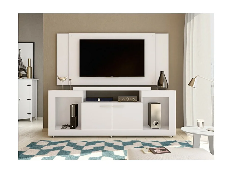 Meuble TV 55 Pouces Blanc 5 Niches Roulettes L 173 H 160.5 P 38.5 cm