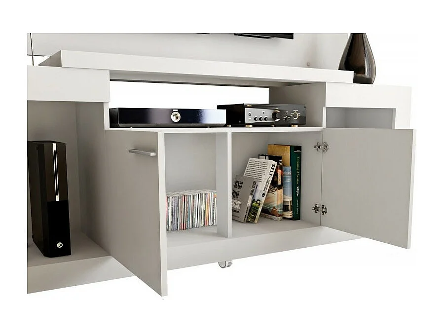 Meuble TV 55 Pouces Blanc 5 Niches Roulettes L 173 H 160.5 P 38.5 cm