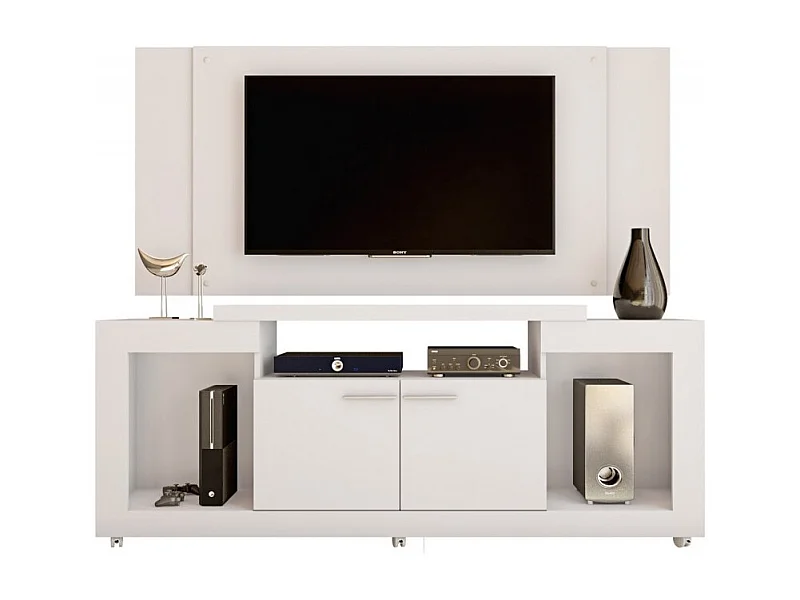 Meuble TV 55 Pouces Blanc 5 Niches Roulettes L 173 H 160.5 P 38.5 cm
