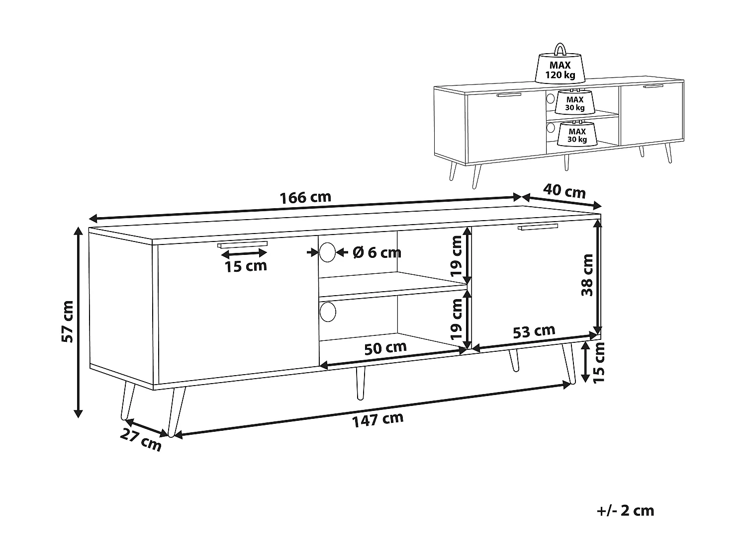 TV-Möbel mit 2 Schänken und 2 Fächern schwarz goldene Beine Retro Stil Indio