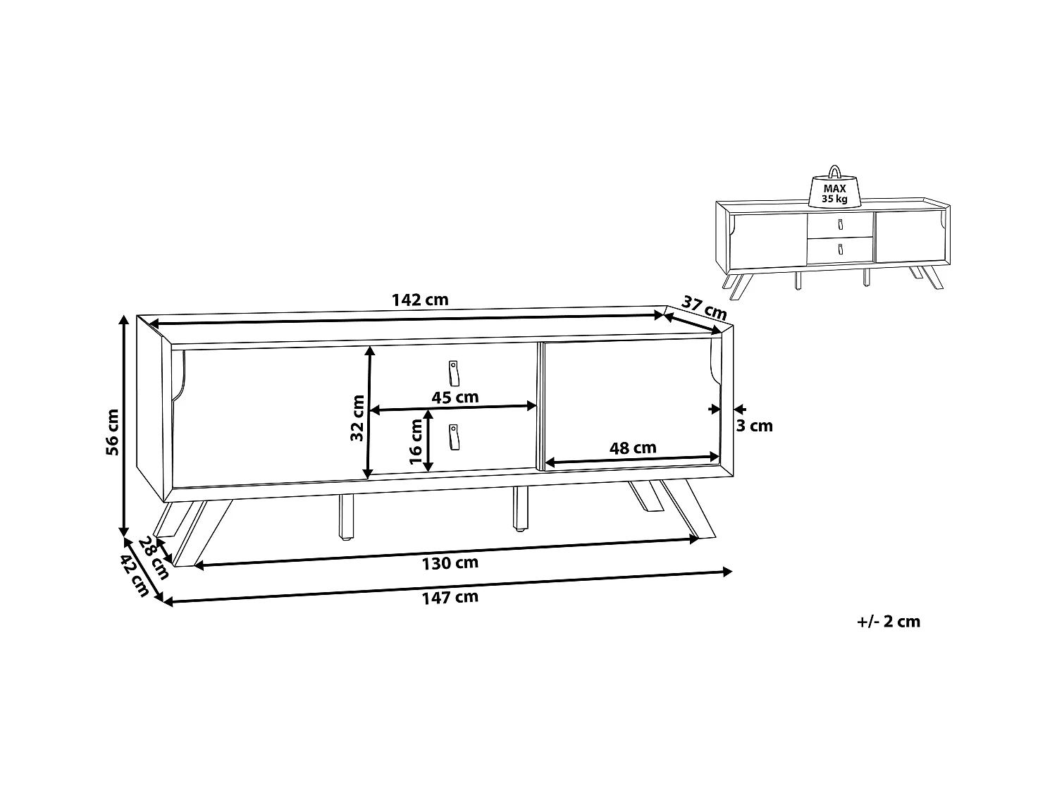 TV-Möbel weiss/heller Holzfarbton 2 Schubladen Acton