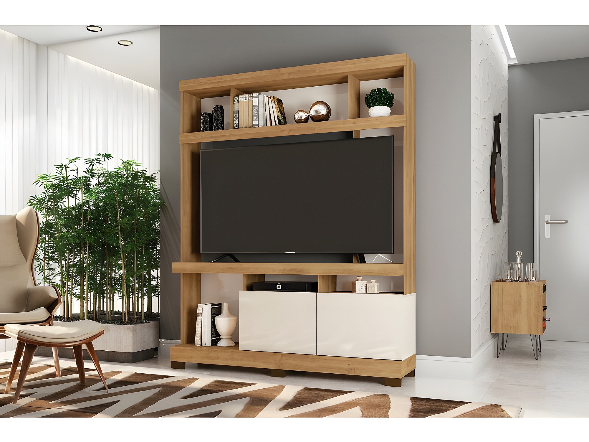 Meuble TV 55 Pouces Dragon - Chêne Et Blanc écru, 1 Porte, 6 Niches, 6 Roulettes