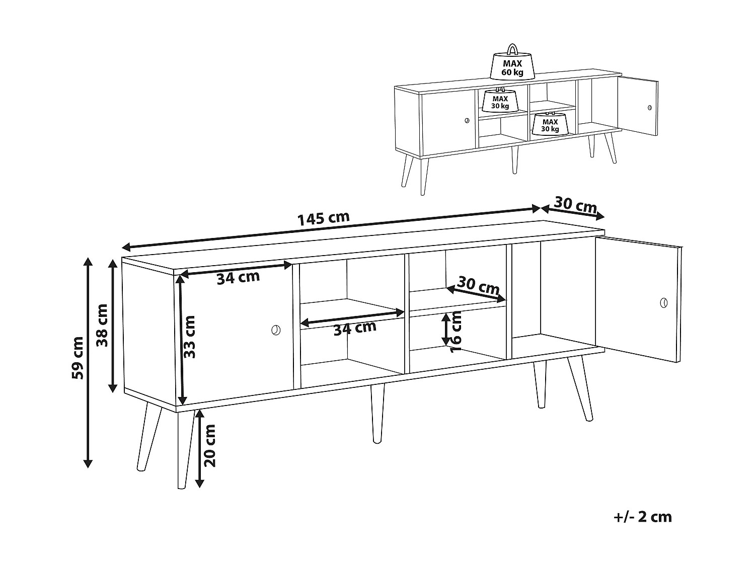 Moderner TV-Schrank hellbraun aus Gummibaumholz 2 Türen 4 offene Fächer Chandler