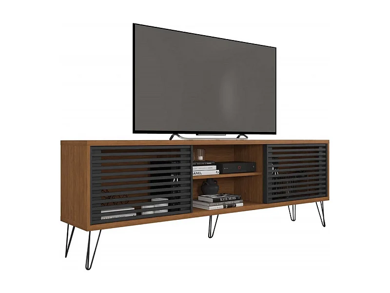 Meuble TV 72 Pouces Chêne et Noir 4 Niches 2 Portes L 180 H 65 P 33 cm