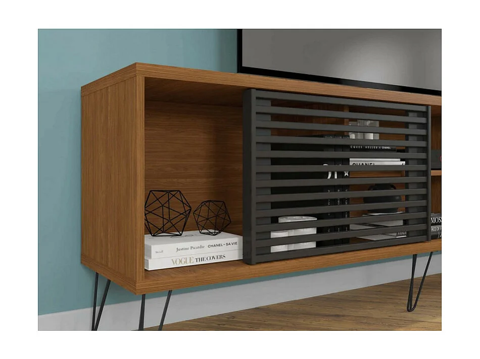 Meuble TV 72 Pouces Chêne et Noir 4 Niches 2 Portes L 180 H 65 P 33 cm