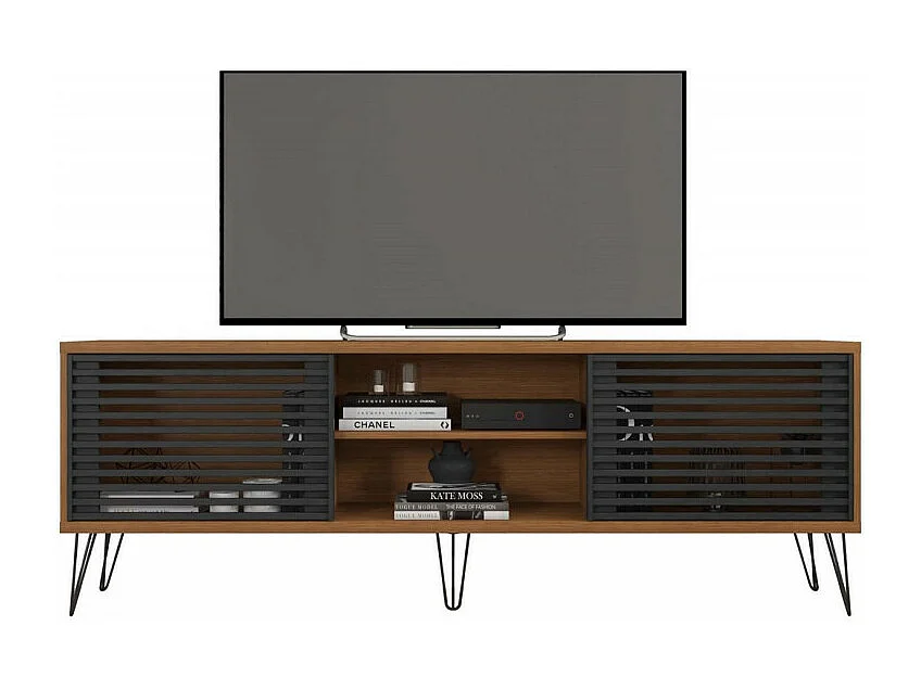 Meuble TV 72 Pouces Chêne et Noir 4 Niches 2 Portes L 180 H 65 P 33 cm