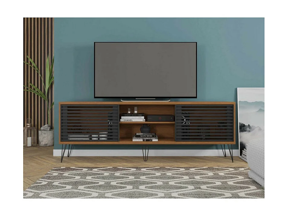 Meuble TV 72 Pouces Chêne et Noir 4 Niches 2 Portes L 180 H 65 P 33 cm