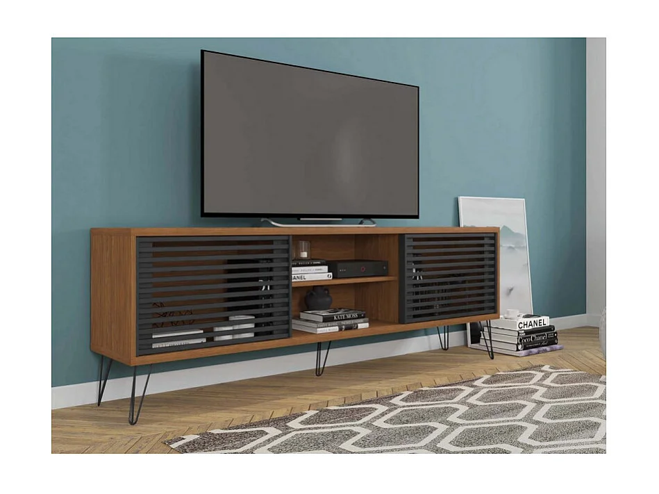 Meuble TV 72 Pouces Chêne et Noir 4 Niches 2 Portes L 180 H 65 P 33 cm