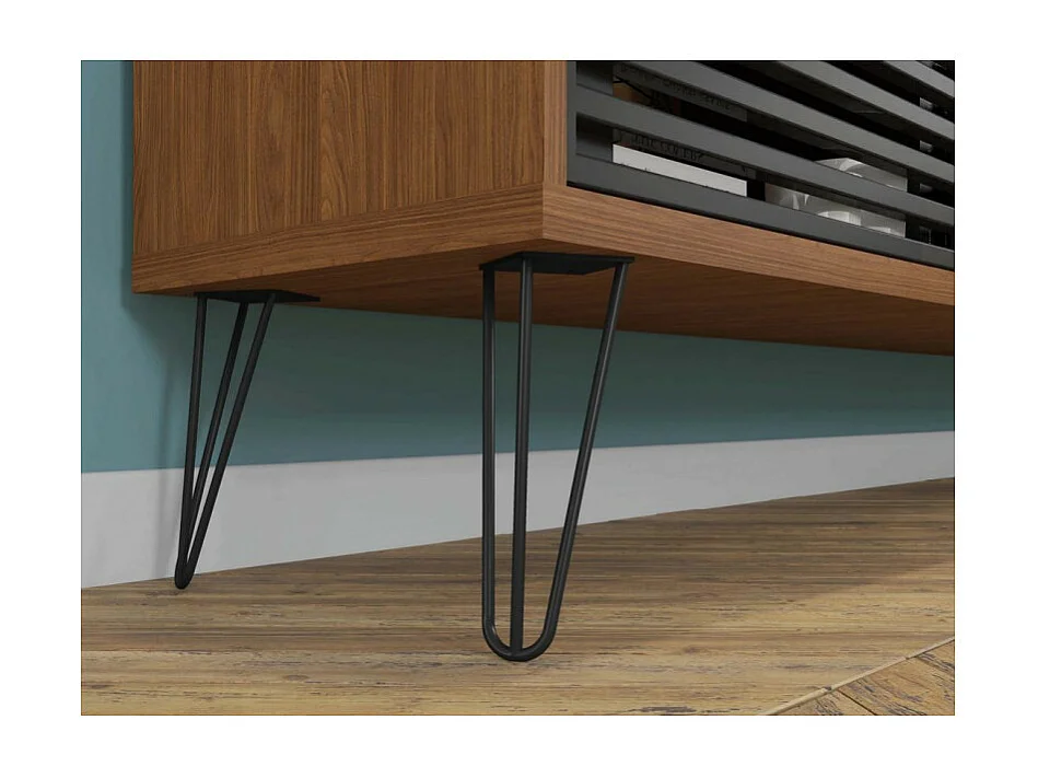 Meuble TV 72 Pouces Chêne et Noir 4 Niches 2 Portes L 180 H 65 P 33 cm