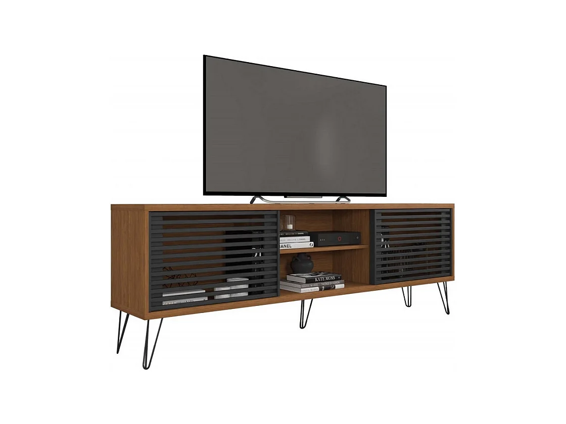 Meuble TV 72 Pouces Chêne et Noir 4 Niches 2 Portes L 180 H 65 P 33 cm
