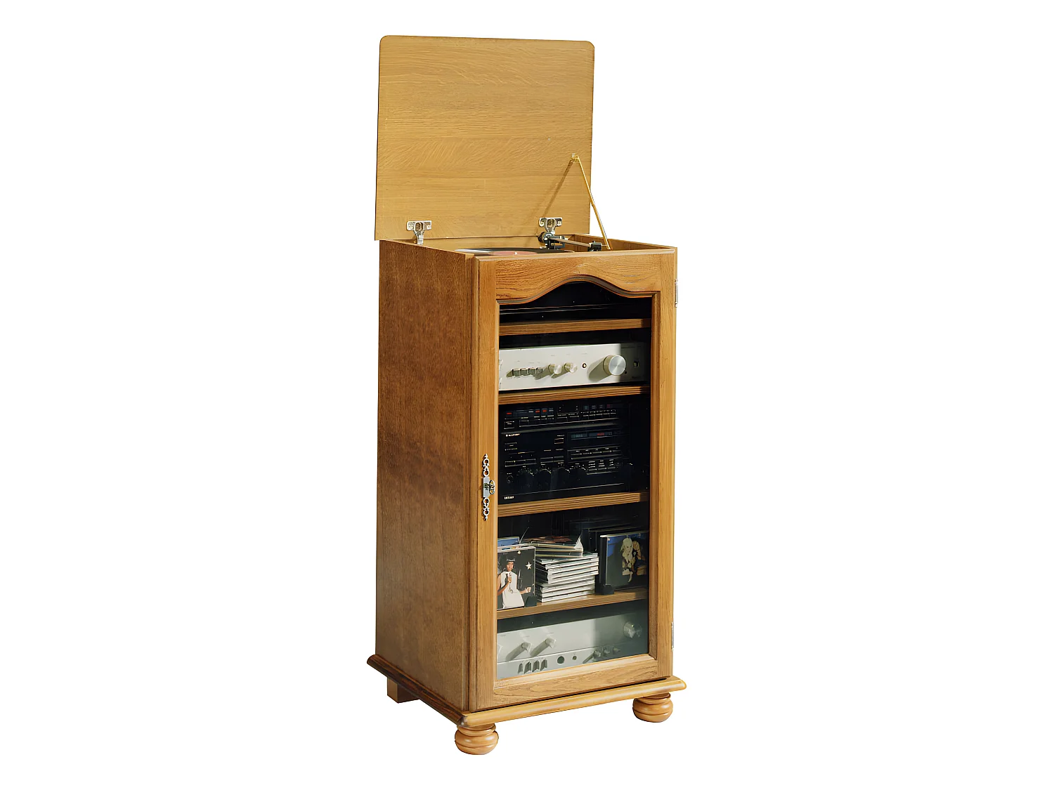 Rack HiFi Chêne 1 Porte Vitrée Dessus Relevable 5 Niches L 57 H 107 P 46.5 cm