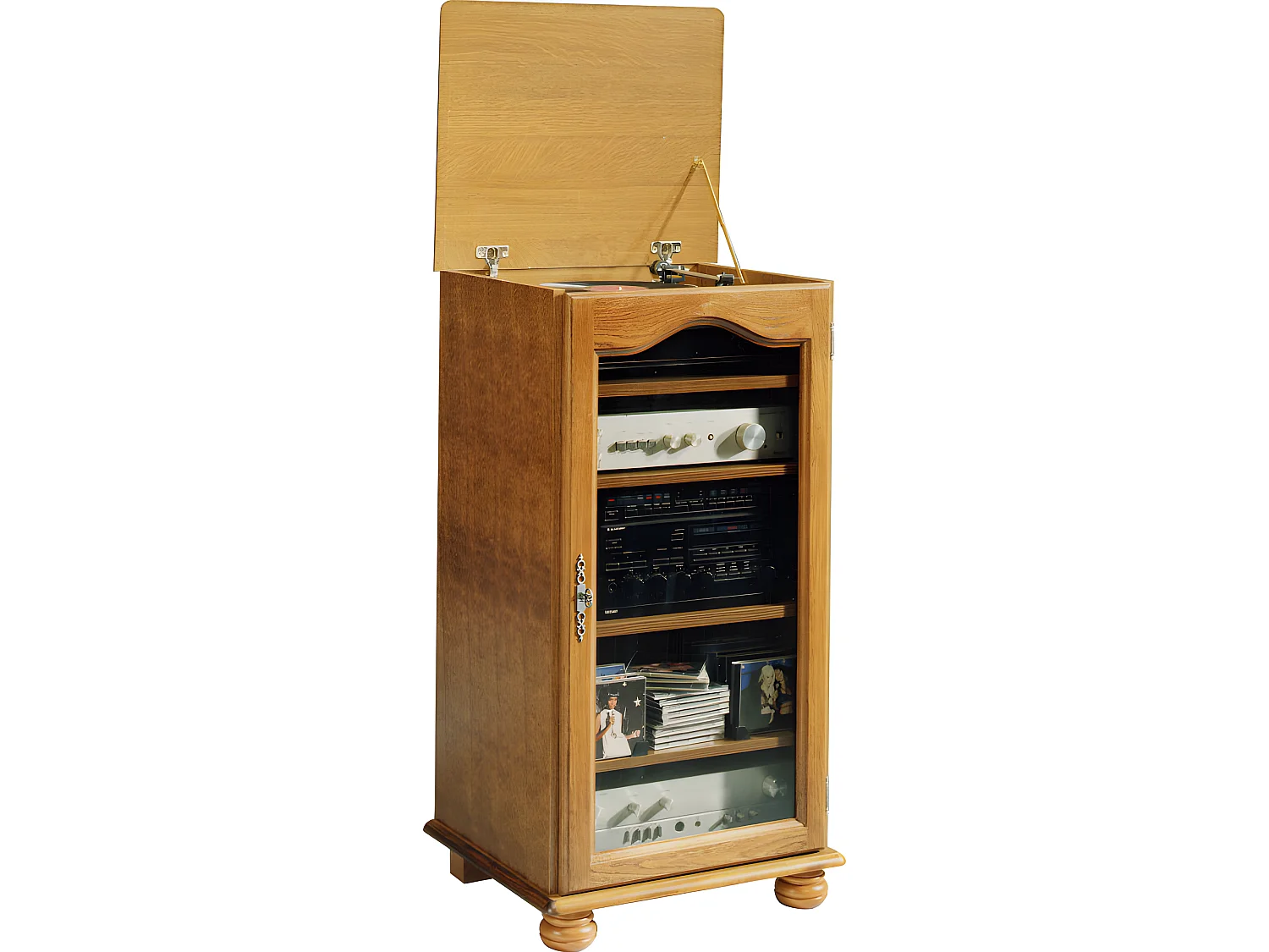Rack HiFi Chêne 1 Porte Vitrée Dessus Relevable 5 Niches L 57 H 107 P 46.5 cm