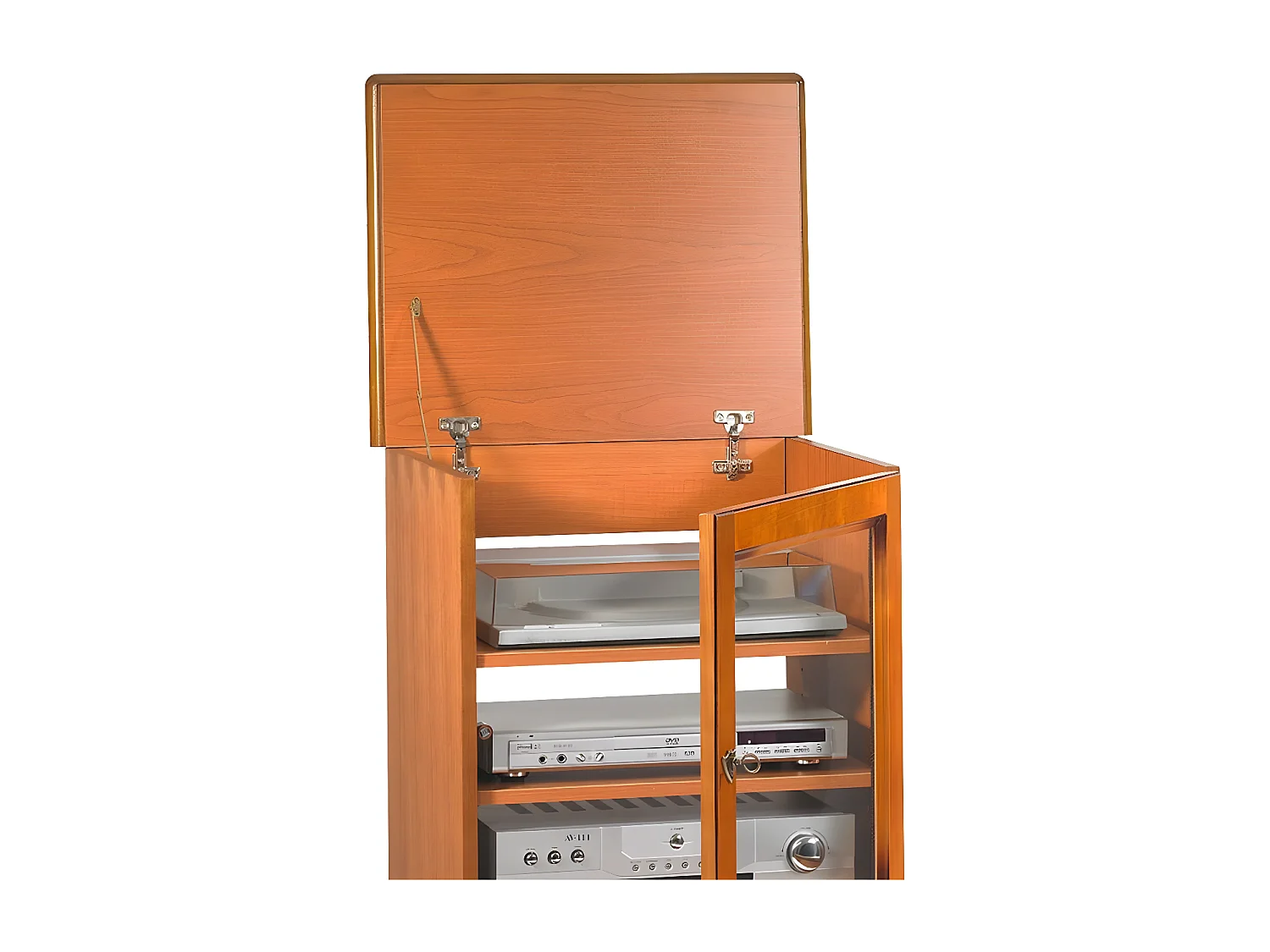 Rack Hifi Merisier 1 Porte Vitrée Dessus Relevable 5 Niches L 57 H 107 P 46.5 cm