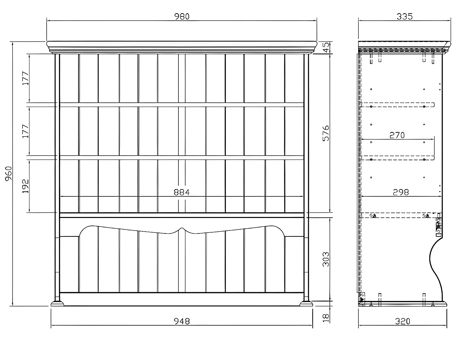 Haut de Vaisselier Pin Miel Style Anglais Largeur 98 cm 4 Niches