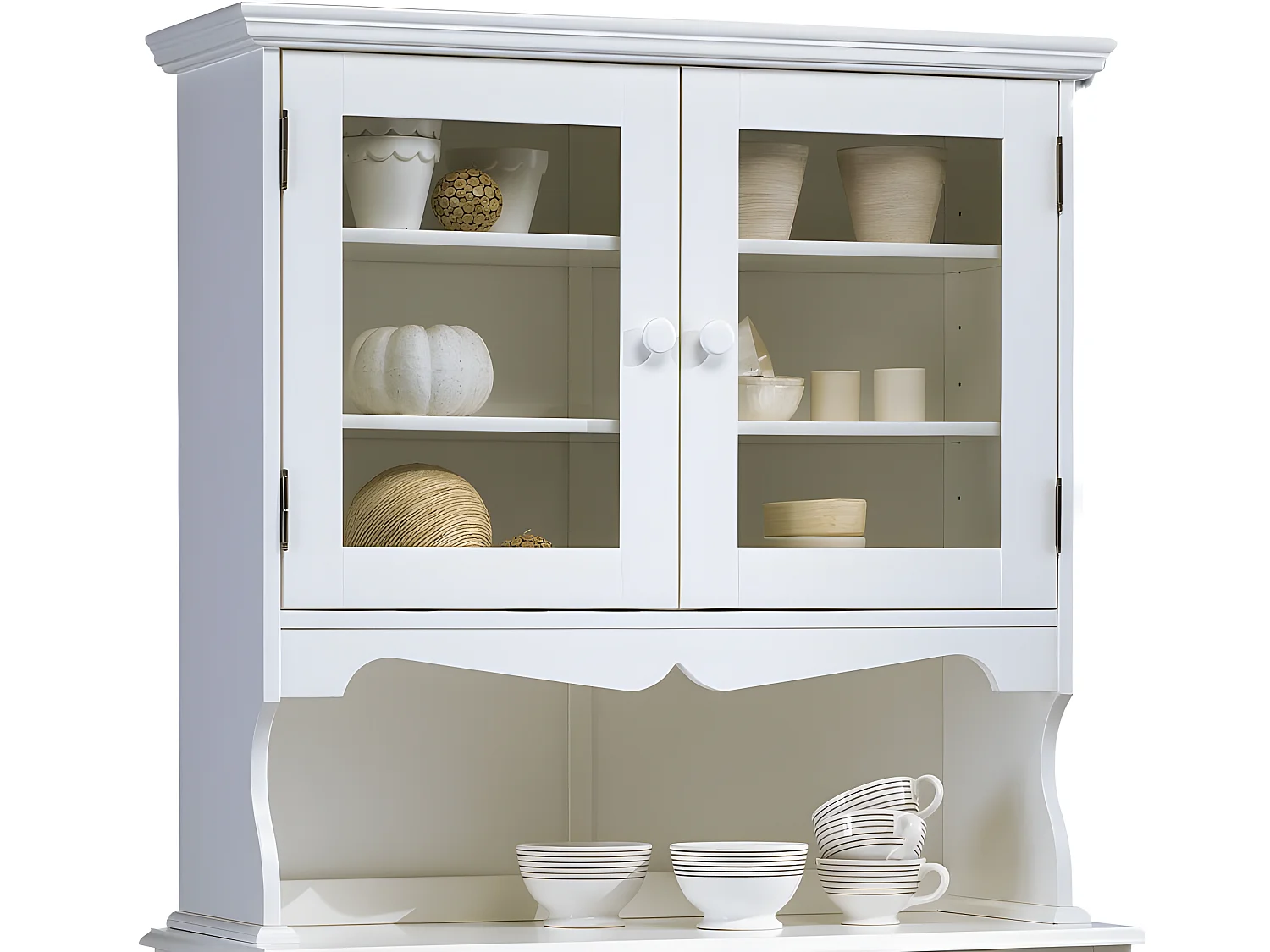 Haut de Vaisselier Blanc 2 Portes Vitrées 3 Niches Style Charme Largeur 98 cm