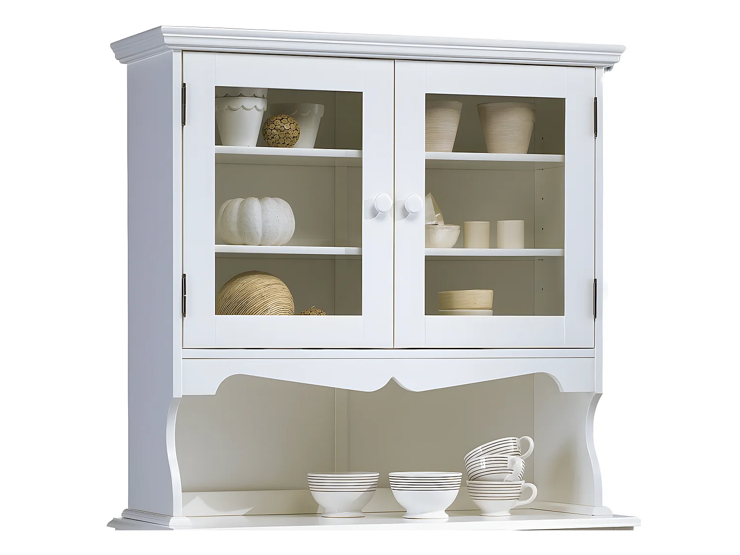 Haut de Vaisselier Blanc 2 Portes Vitrées 3 Niches Style Charme Largeur 98 cm