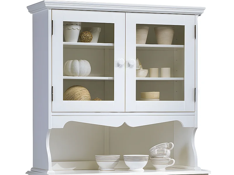 Haut de Vaisselier Blanc 2 Portes Vitrées 3 Niches Style Charme Largeur 98 cm