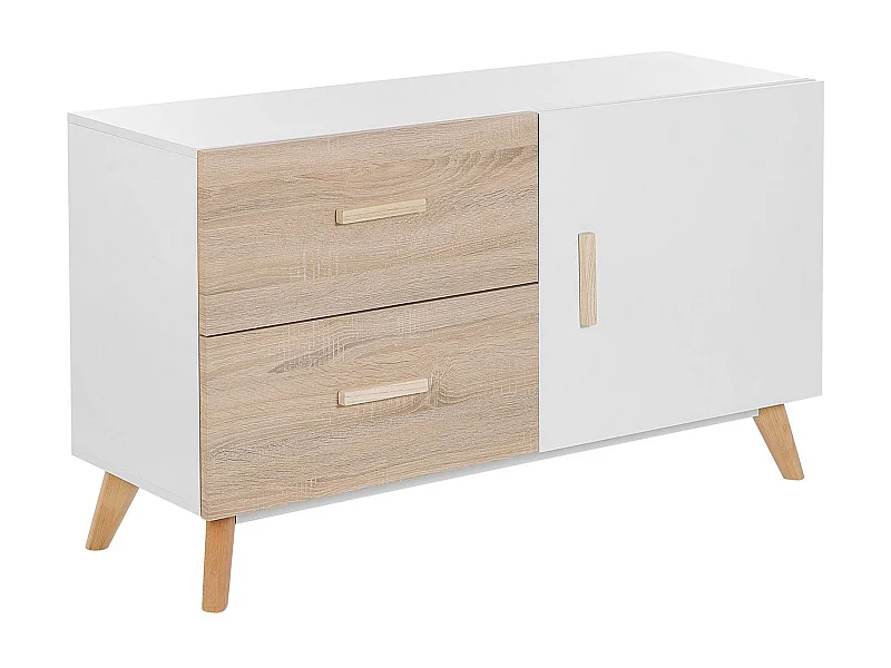 Klassisches Sideboard weiß / heller Holzoptik mit 2 Schubladen, Schrank Fili