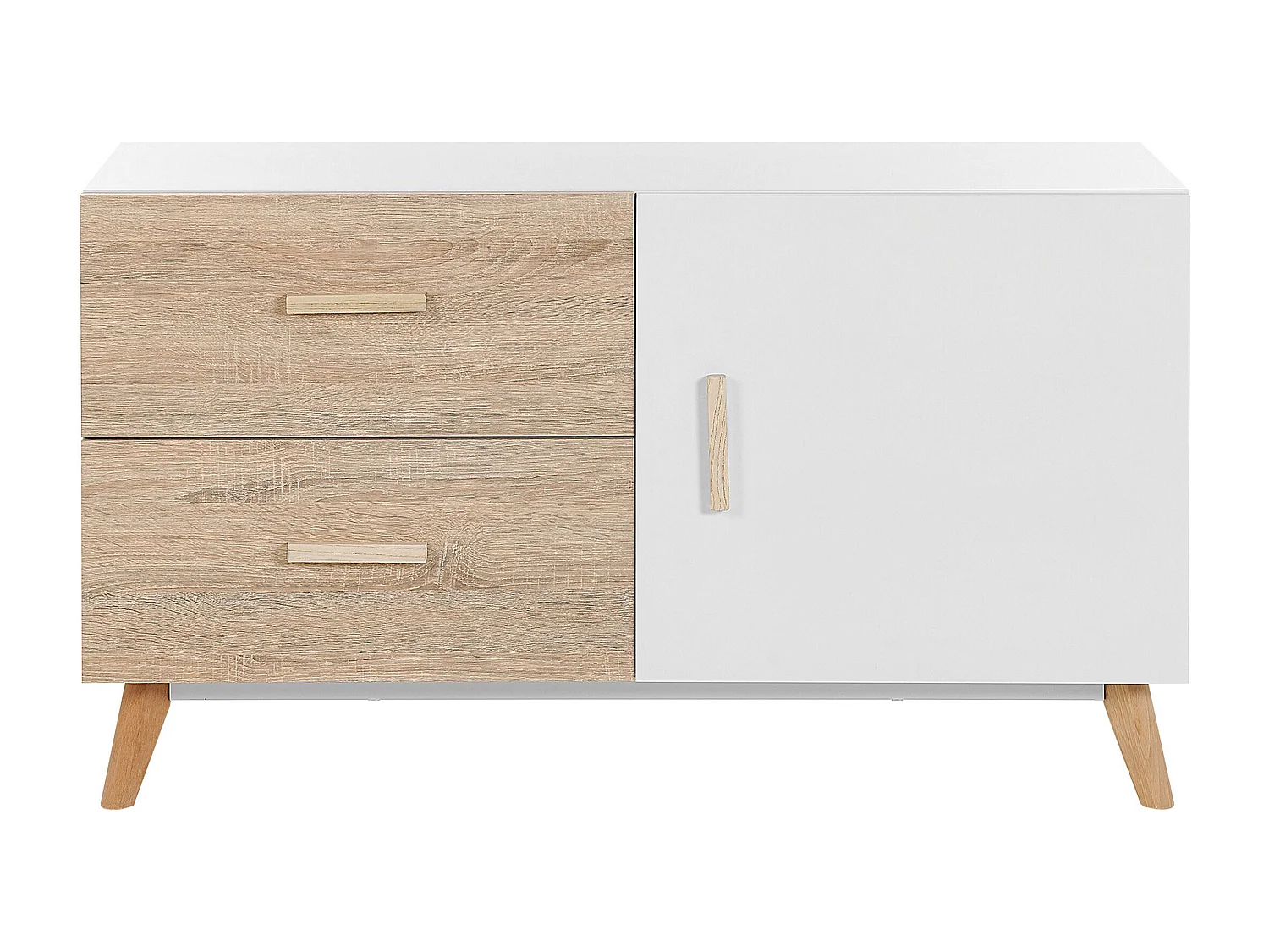 Klassisches Sideboard weiß / heller Holzoptik mit 2 Schubladen, Schrank Fili