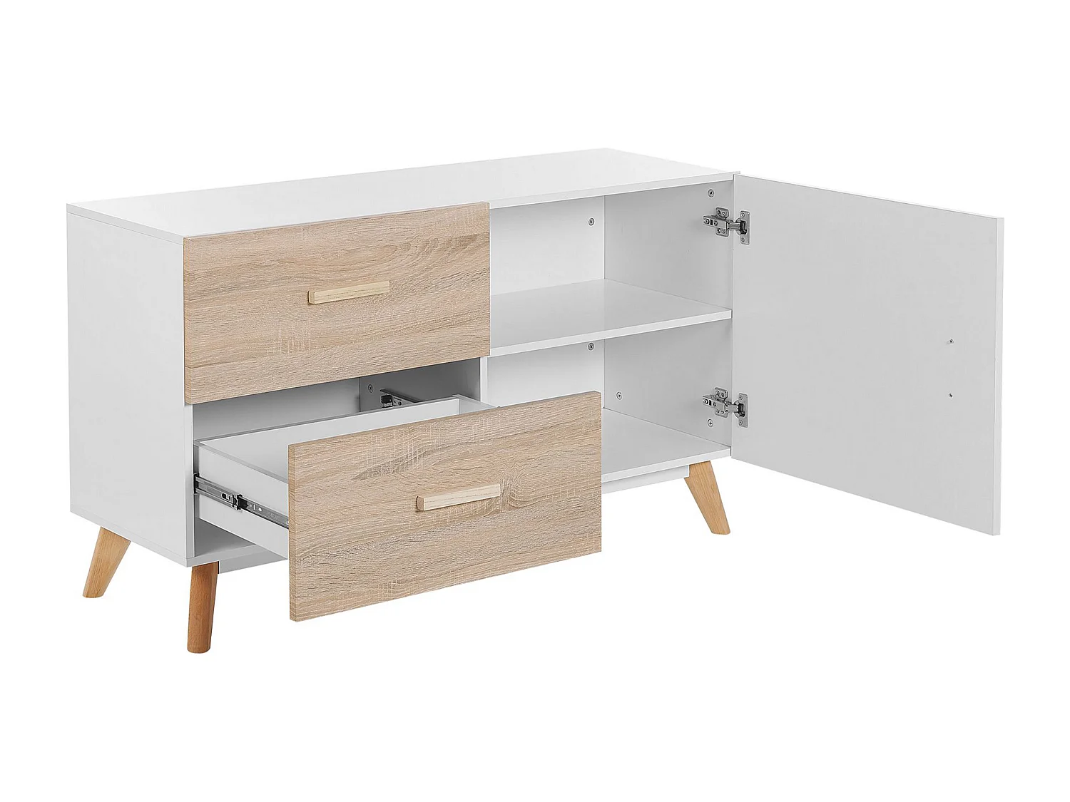Klassisches Sideboard weiß / heller Holzoptik mit 2 Schubladen, Schrank Fili