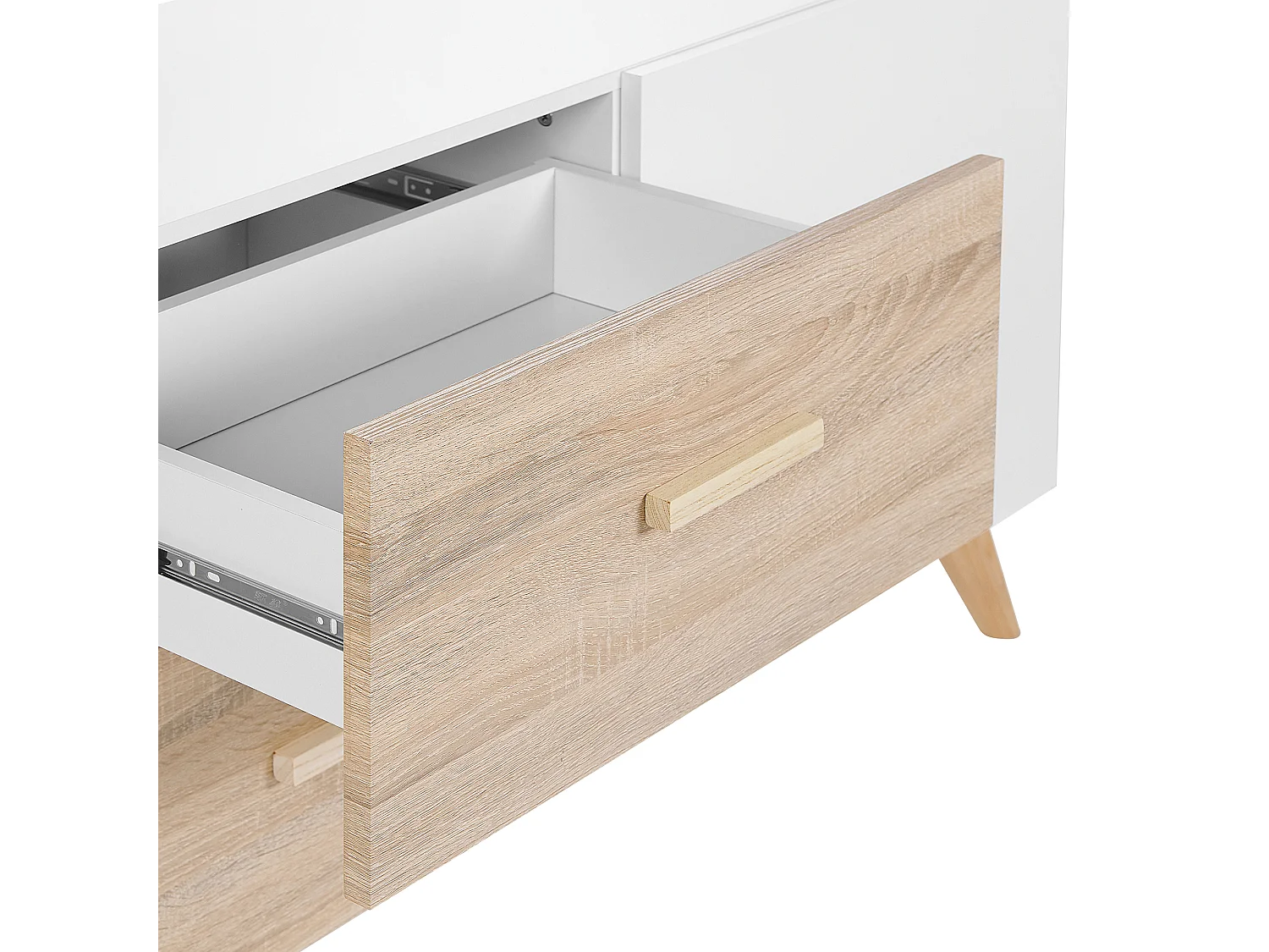 Klassisches Sideboard weiß / heller Holzoptik mit 2 Schubladen, Schrank Fili