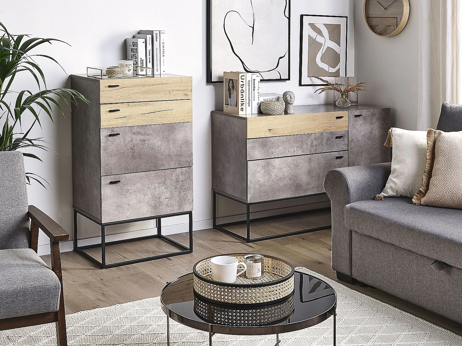 Industrielle Kommode mit 4 Schubladen Betonoptik grau Metallbeine schwarz Acra