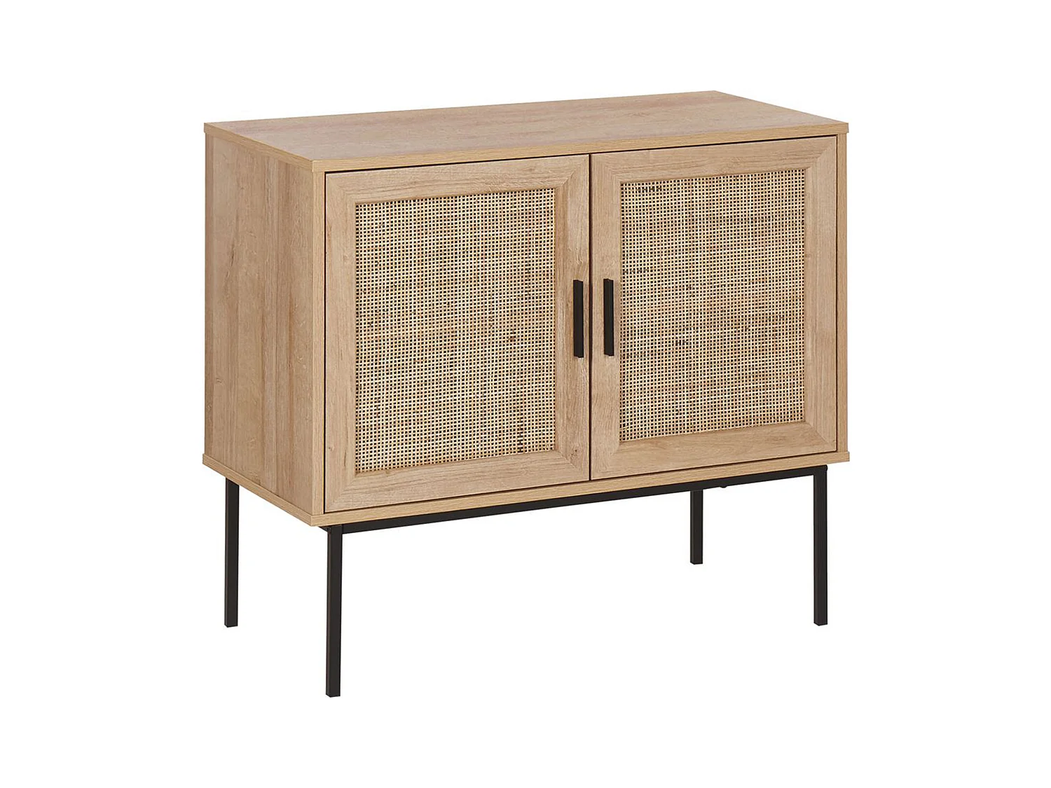 Modernes Sideboard 2 Rattan-Türen heller Holzfarbton schwarze Metallbeine Pasco