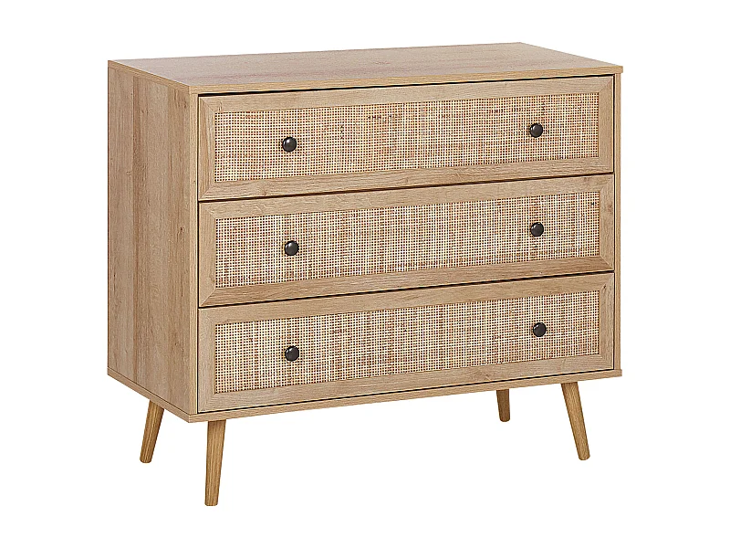 Moderne Kommode rechteckige Form 3 Rattan-Schubladen heller Holzfarbton Ponca