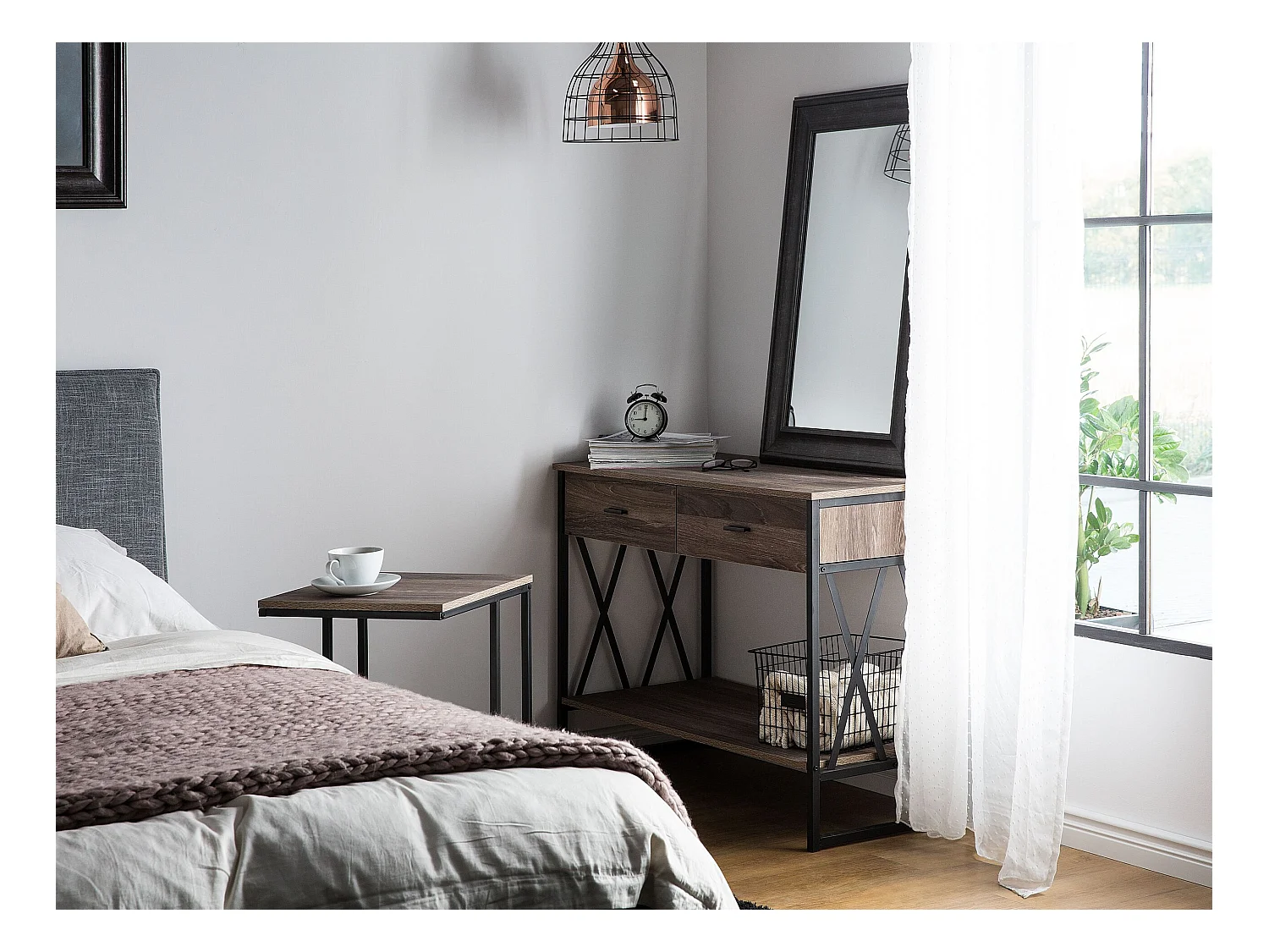 Praktischer Konsolentisch Holzoptik dunkelbraun 2 Schubladen Industrie Ayden