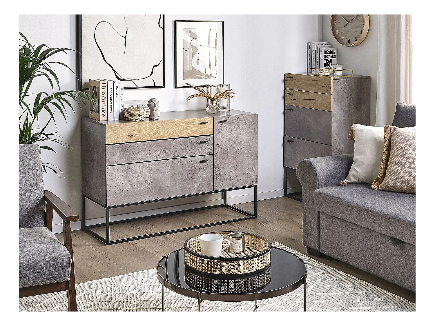 Credenza a 3 cassetti in legno chiaro e grigio ARIETTA