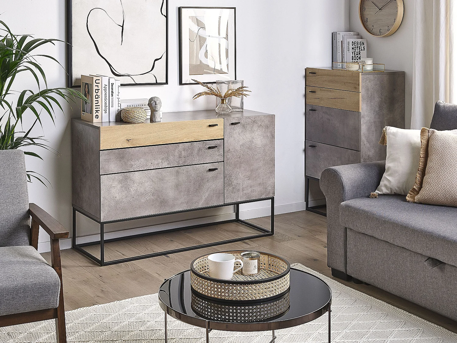 Credenza a 3 cassetti in legno chiaro e grigio ARIETTA