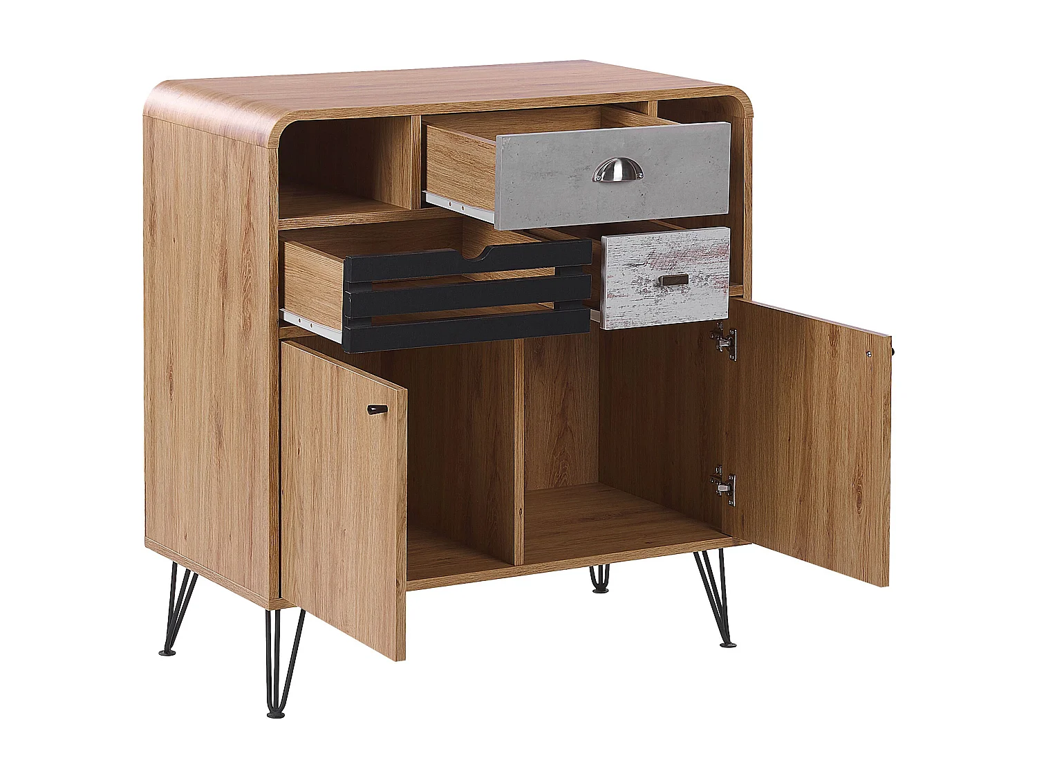 Sideboard heller Holzfarbton mit 3 Schubladen 2 Fächern 2 Türen Retro-Look Kyle