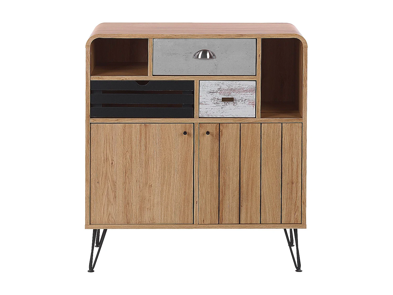 Sideboard heller Holzfarbton mit 3 Schubladen 2 Fächern 2 Türen Retro-Look Kyle