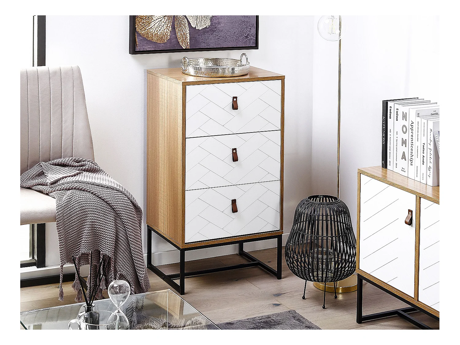 Moderne Kommode heller Holzfarbton / weiss 3 Schubladen Nueva