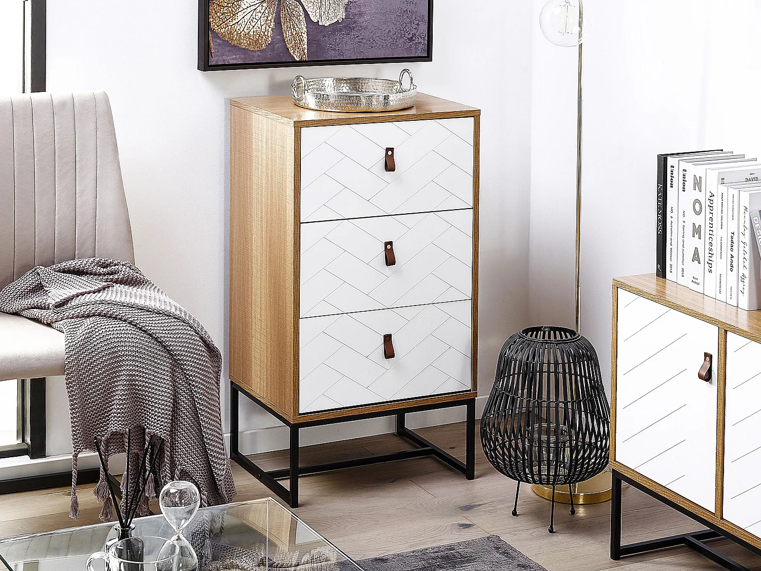 Moderne Kommode heller Holzfarbton / weiss 3 Schubladen Nueva