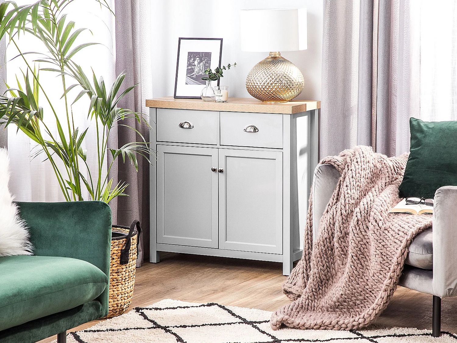 Commode 2 portes gris et bois clair CLIO