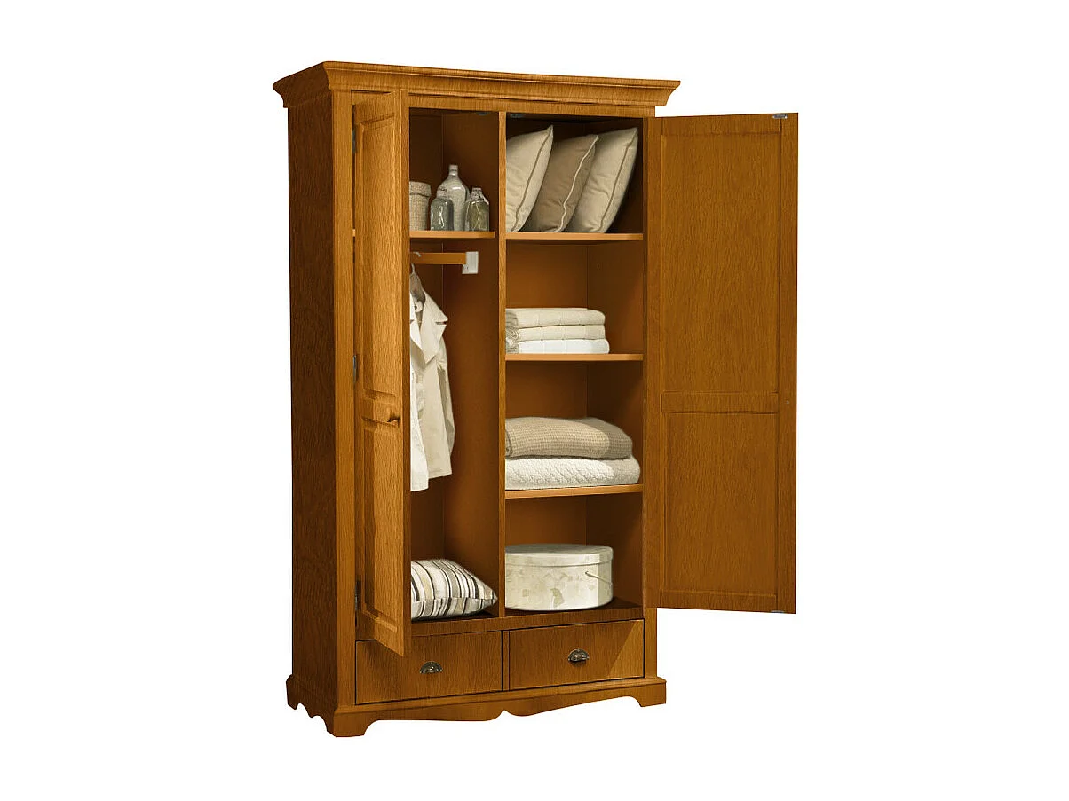 Armoire Penderie Pin Miel 2 Portes 2 Tiroirs 6 Niches L 114.5 H 195 P 54 cm