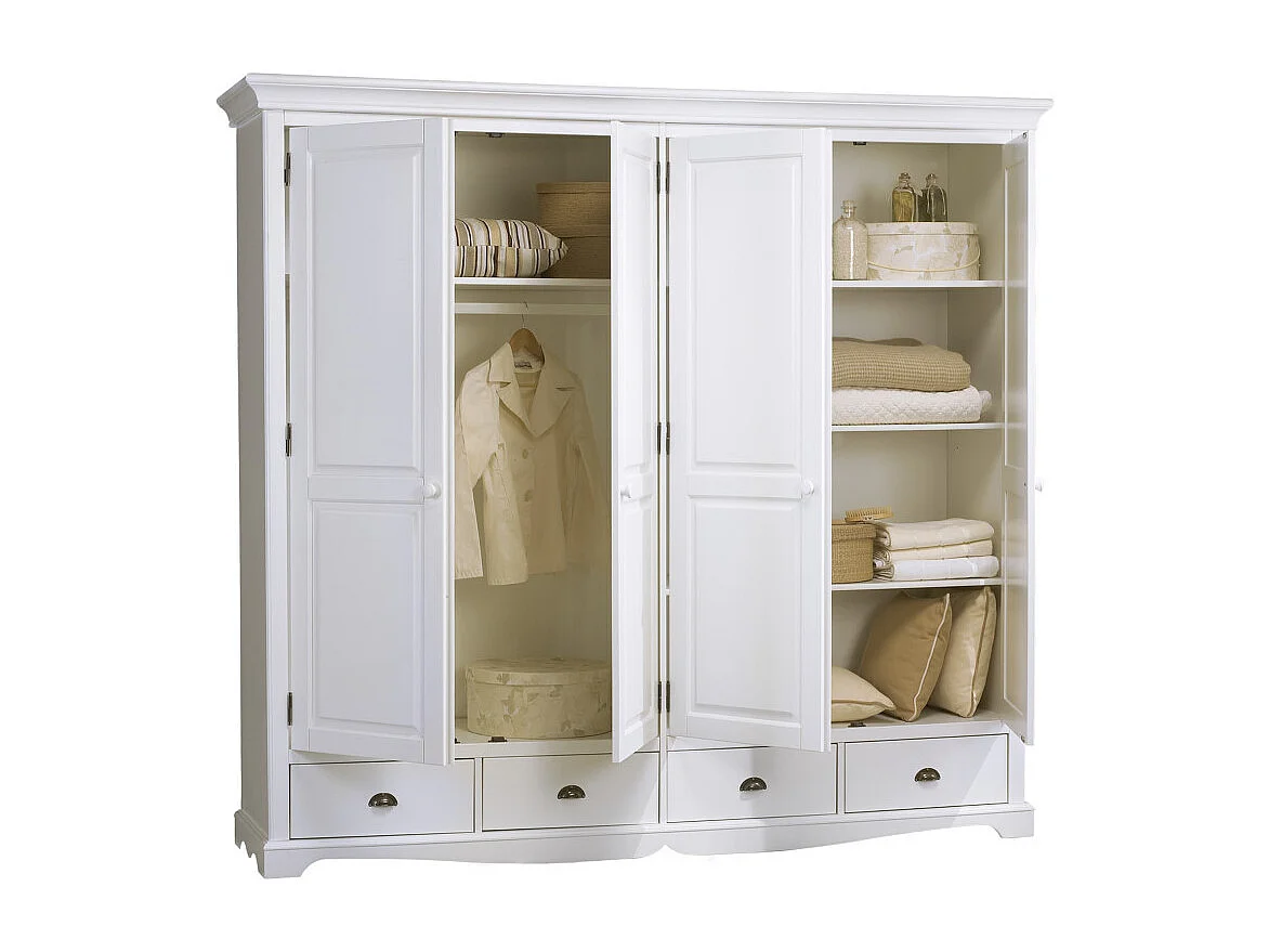 Armoire Penderie Blanche 4 Portes 4 Tiroirs 4 Etagères L 212 H 195 P 54 cm