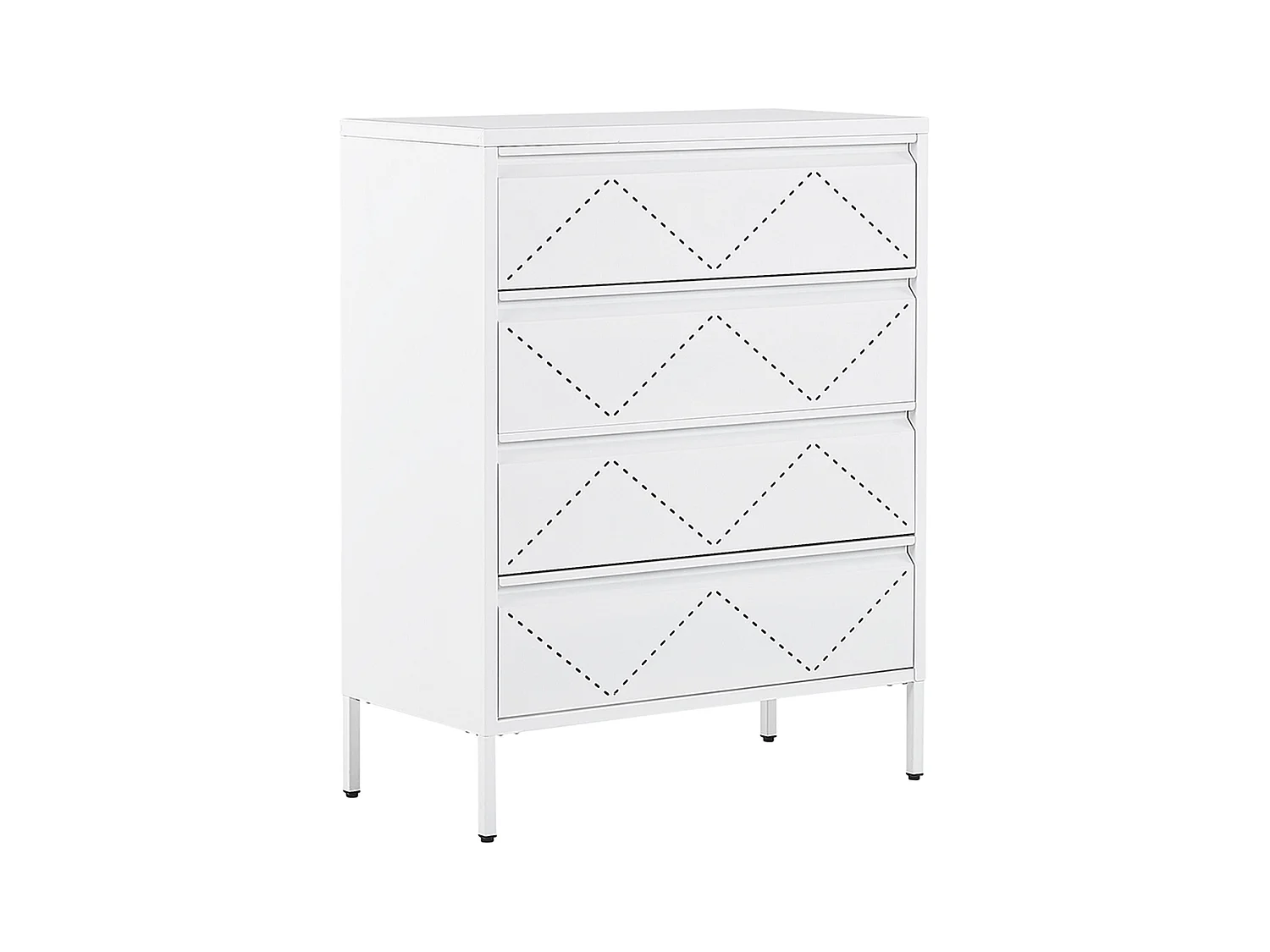 Hohe Kommode mit 4 verziehrten grifflosen Schubladen Stahl weiß