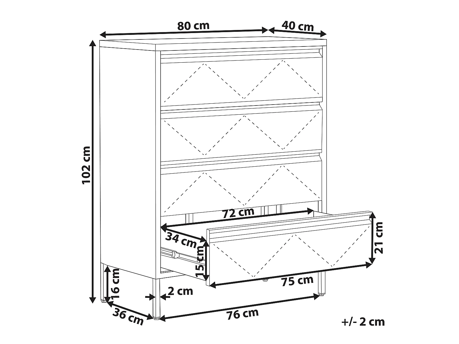 Hohe Kommode mit 4 verziehrten grifflosen Schubladen Stahl weiß
