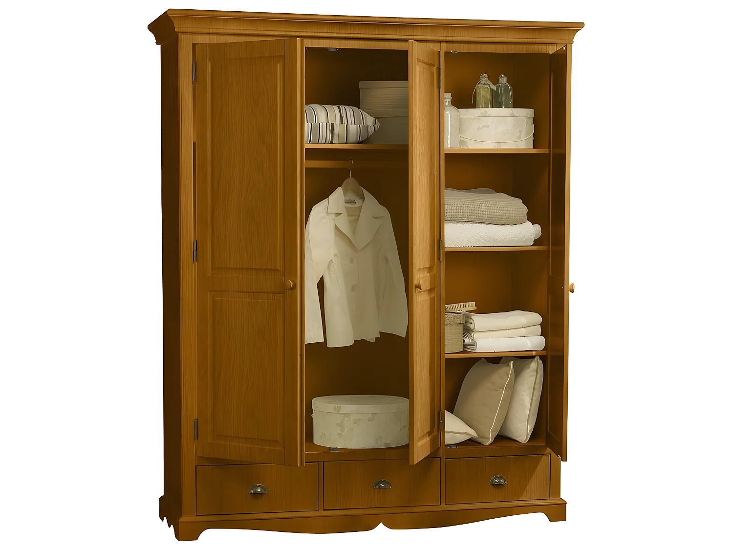 Armoire Penderie Pin Miel 3 Portes 3 Tiroirs L 164.3 H 194.8 P 54.5 cm