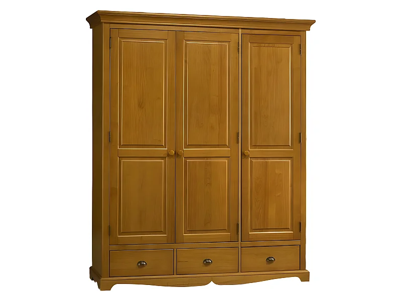 Armoire Penderie Pin Miel 3 Portes 3 Tiroirs L 164.3 H 194.8 P 54.5 cm