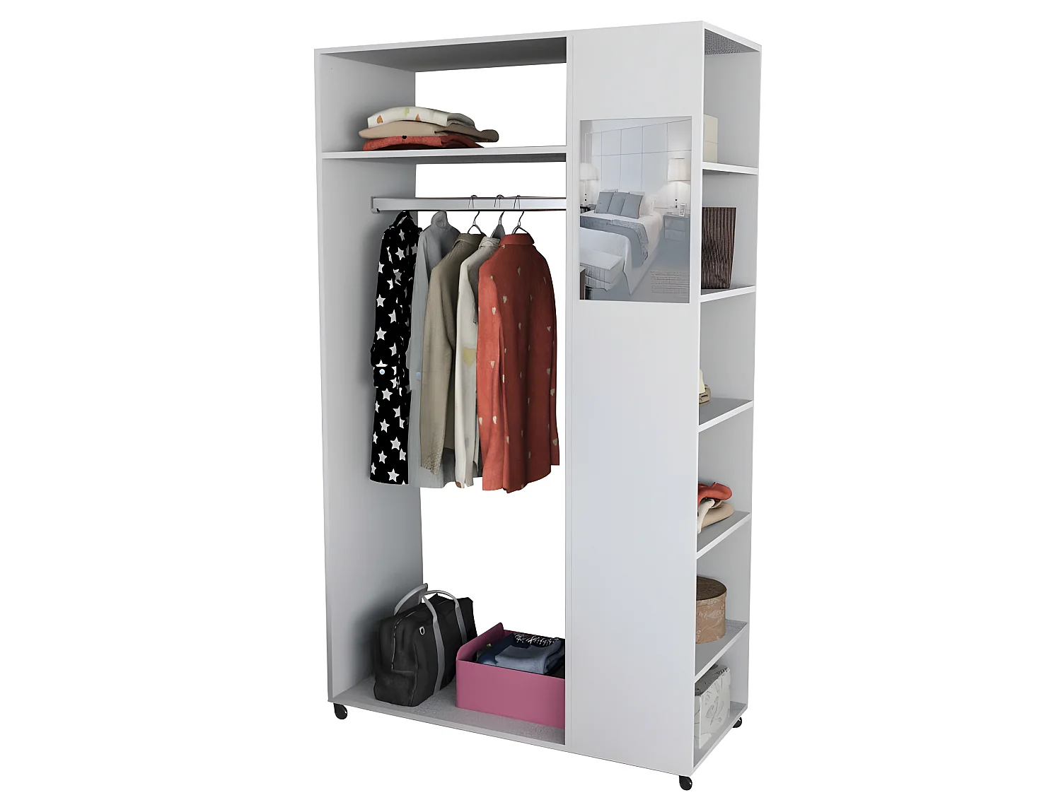 Meuble Dressing Penderie Blanc 8 Niches Miroir Roulettes L 100 H 174 P 45 cm
