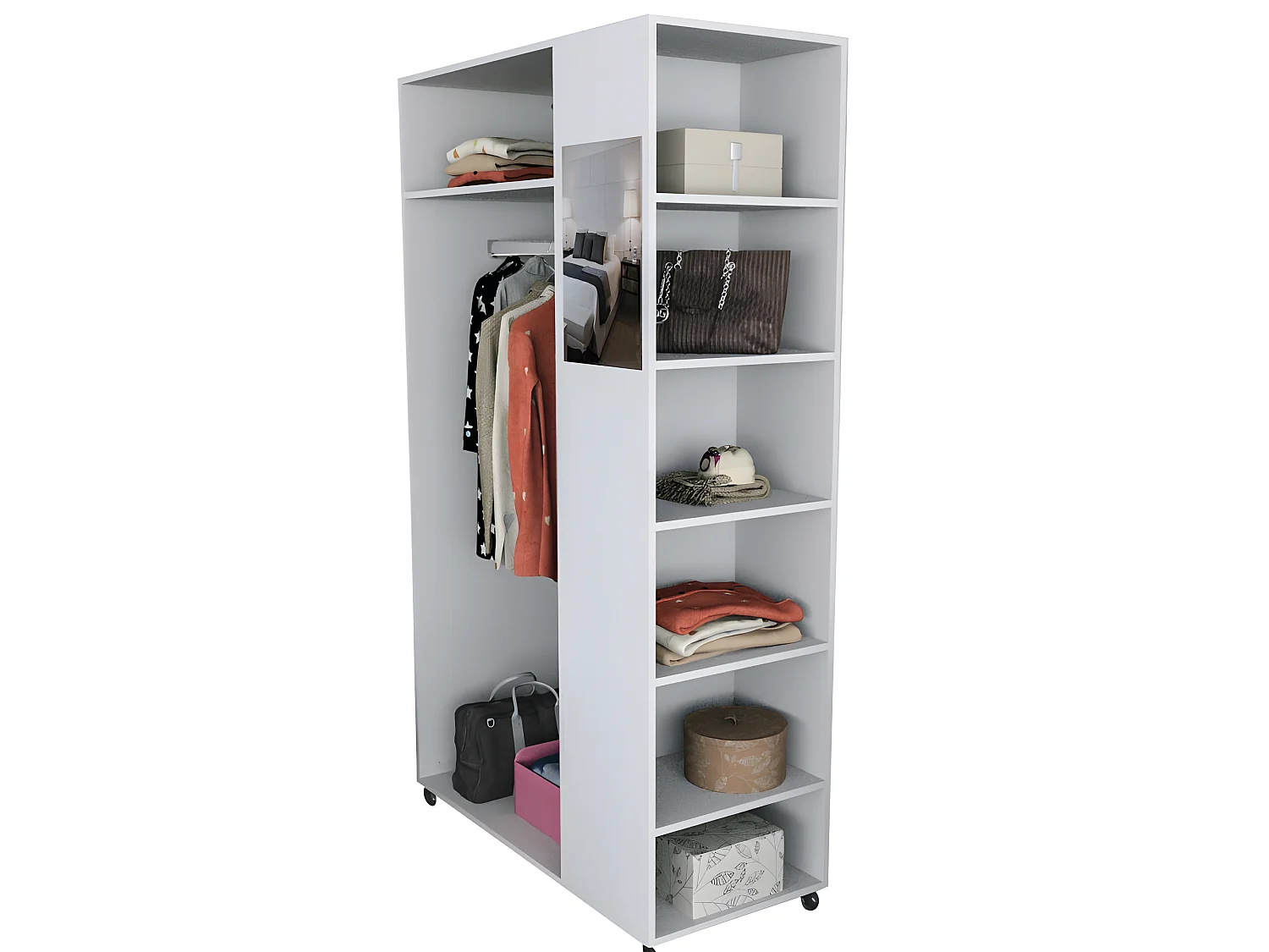 Meuble Dressing Penderie Blanc 8 Niches Miroir Roulettes L 100 H 174 P 45 cm