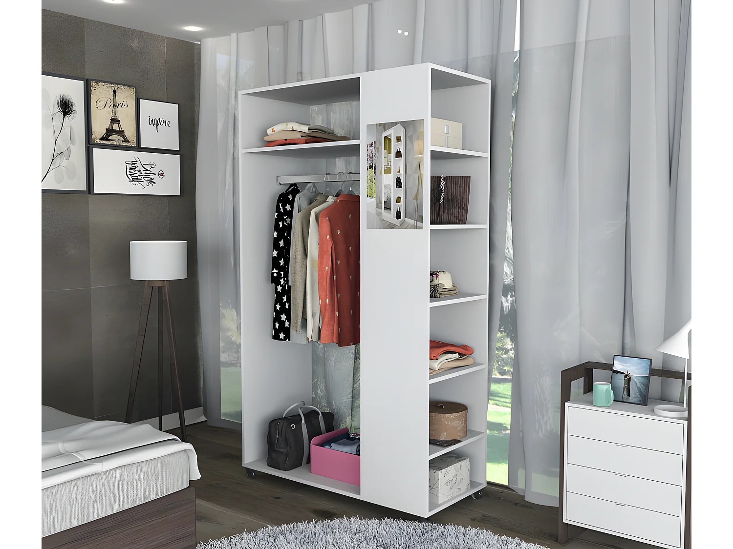Meuble Dressing Penderie Blanc 8 Niches Miroir Roulettes L 100 H 174 P 45 cm