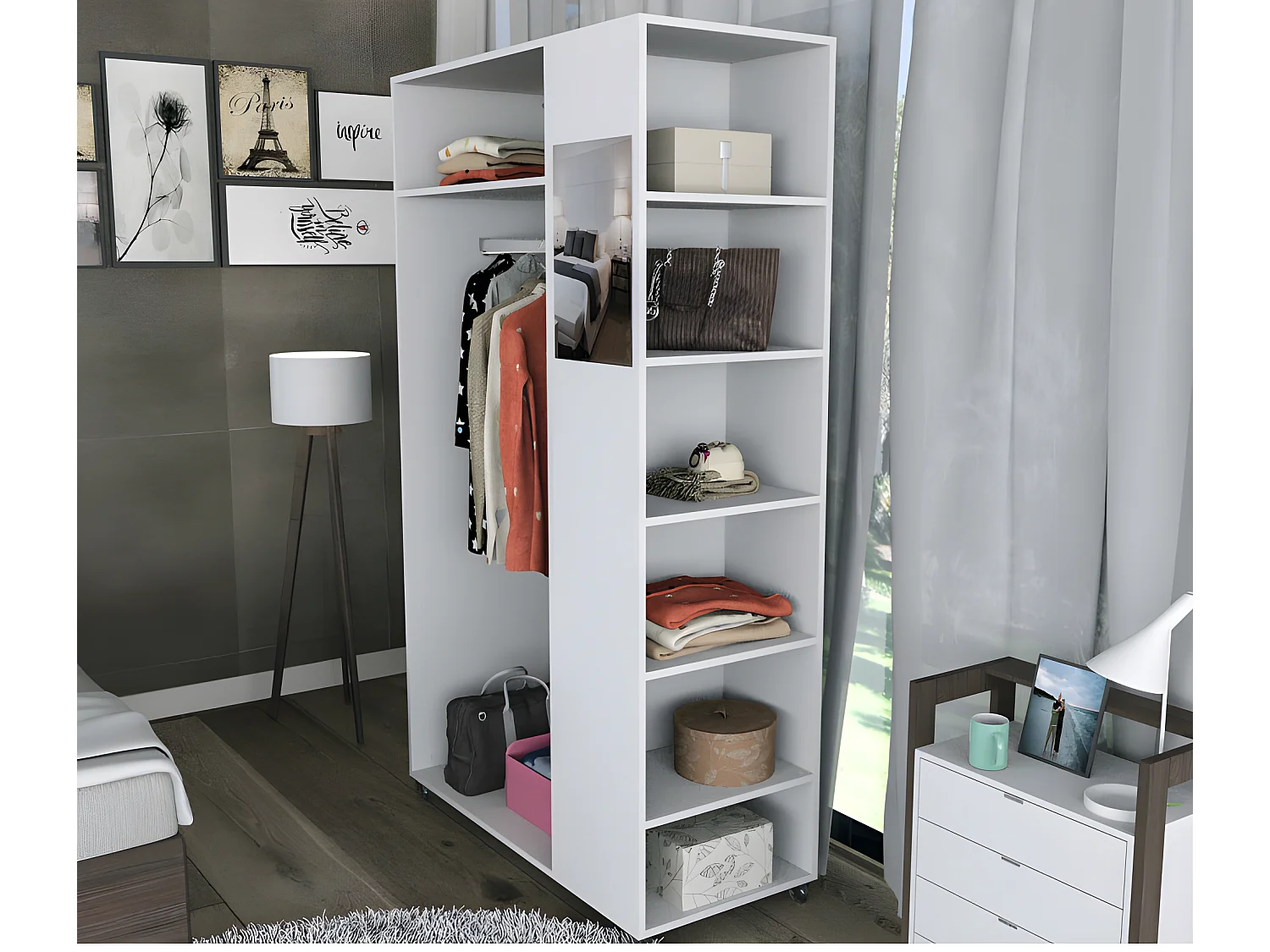 Meuble Dressing Penderie Blanc 8 Niches Miroir Roulettes L 100 H 174 P 45 cm