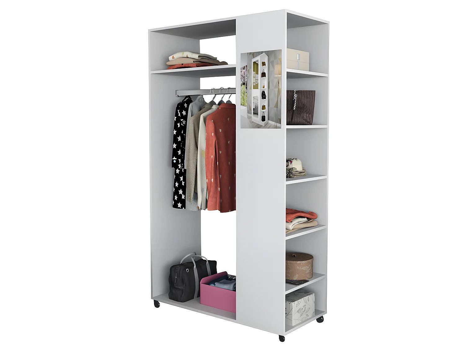 Meuble Dressing Penderie Blanc 8 Niches Miroir Roulettes L 100 H 174 P 45 cm