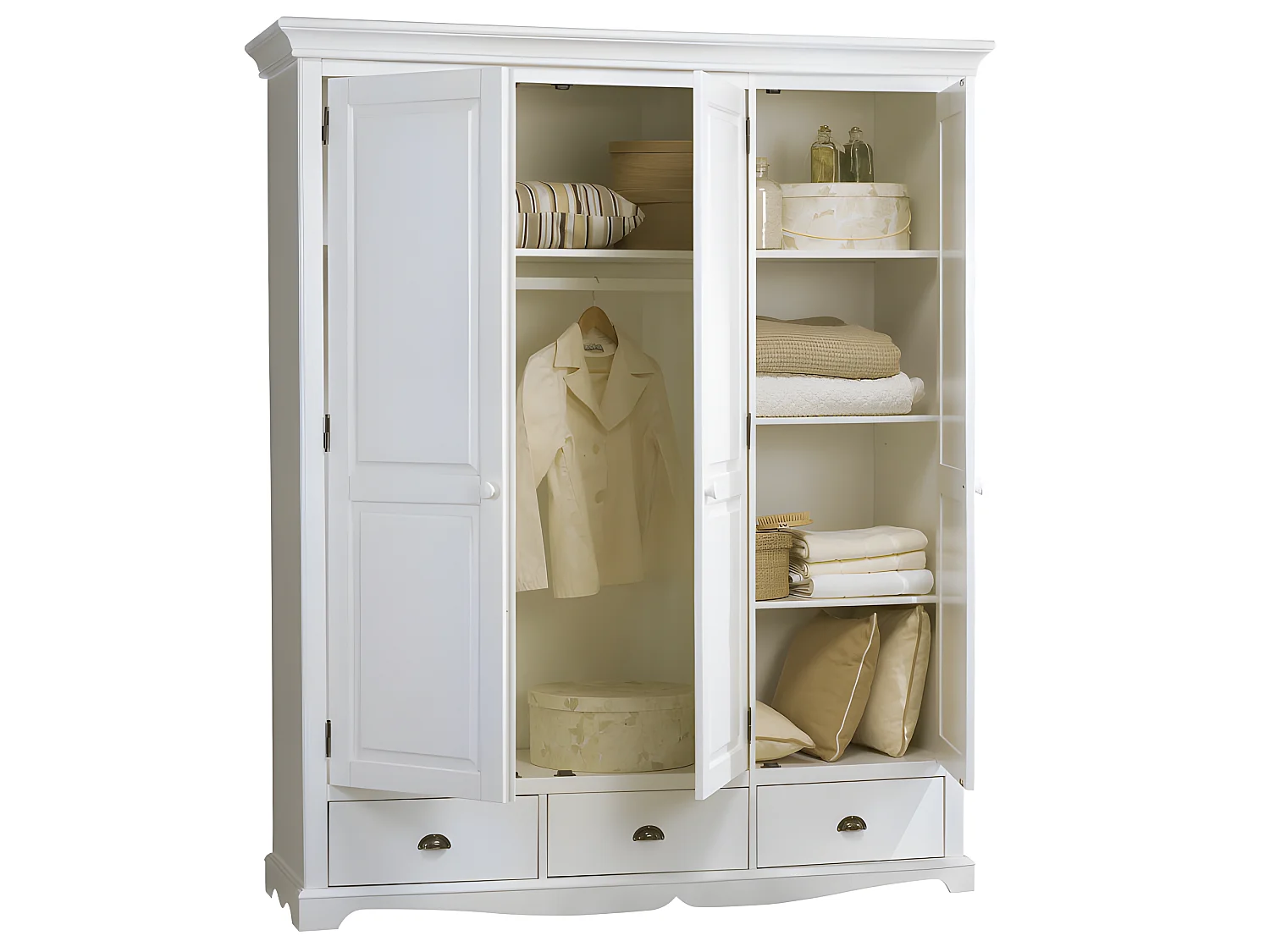 Armoire Penderie Blanche Style Anglais 3 Portes 3 Tiroirs 164,3 x 194,8 x 54,5 cm